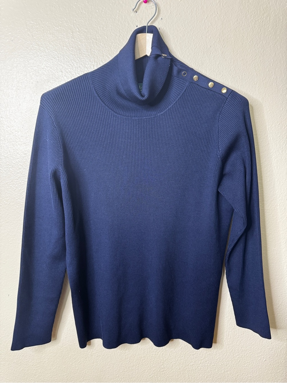 Lauren Ralph Lauren Sweater Womens 1X Navy Silk Blend Ribbed Turtleneck Gold Sna